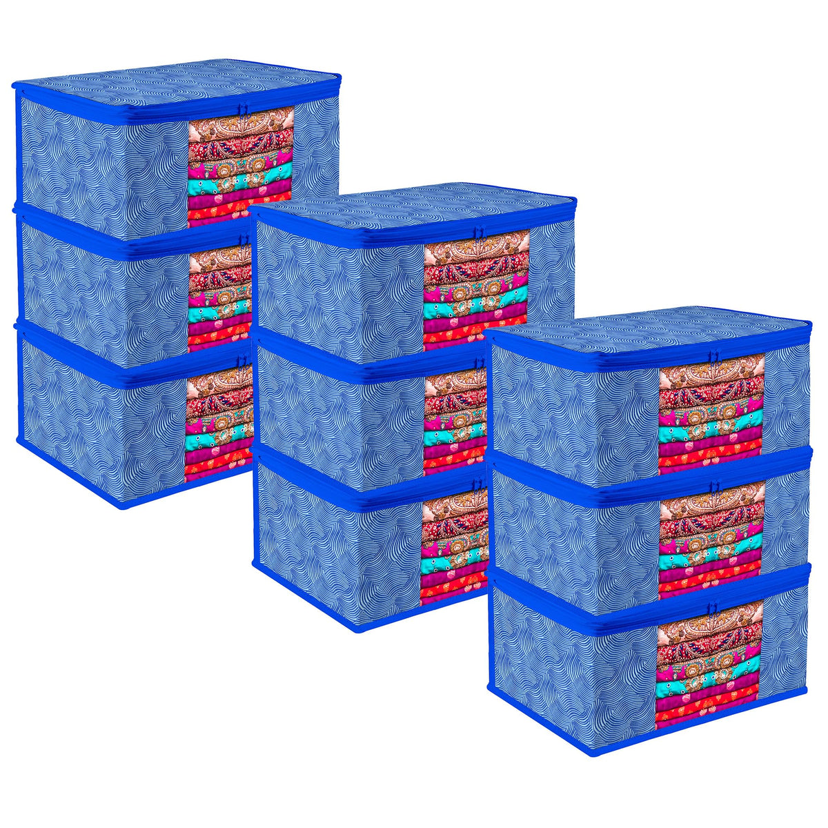 Heart Home Saree Cover | Zip Closure Saree Cover | Clothes Storage Bag | Wardrobe Organiser | Transparent Window Saree Cover | Lahariya-Design | 9 inch | Pack of 9 | Blue