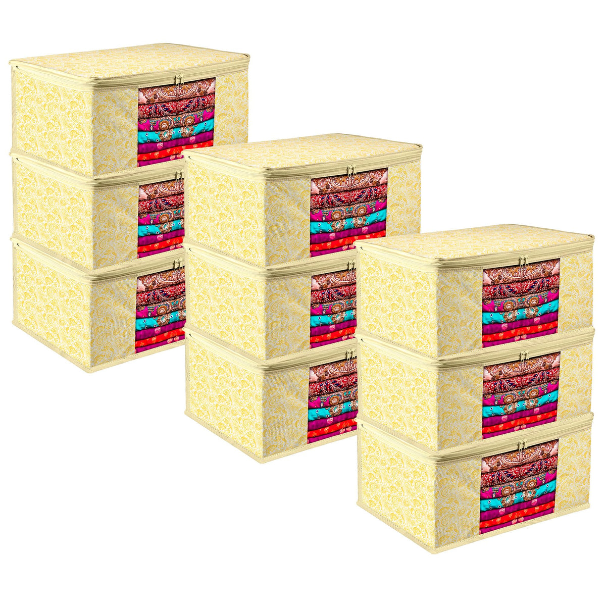 Heart Home Saree Cover | Zip Closure Saree Cover | Clothes Storage Bag | Wardrobe Organiser | Transparent Window Saree Cover | Carry-Design | 9 inch | Pack of 9 | Yellow