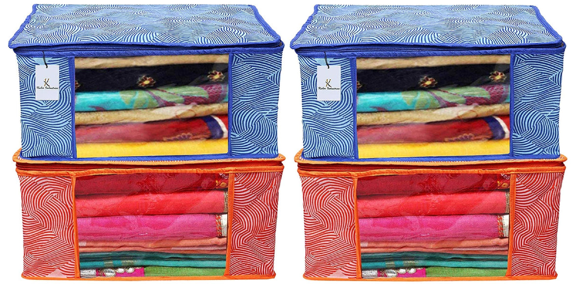 Kuber Industries Leheriya Printed 4 Piece Non Woven Fabric Saree Cover Set with Transparent Window, Extra Large, Orange & Blue -CTKTC040808