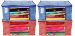 Kuber Industries Leheriya Printed 4 Piece Non Woven Fabric Saree Cover Set with Transparent Window, Extra Large, Orange & Blue -CTKTC040808