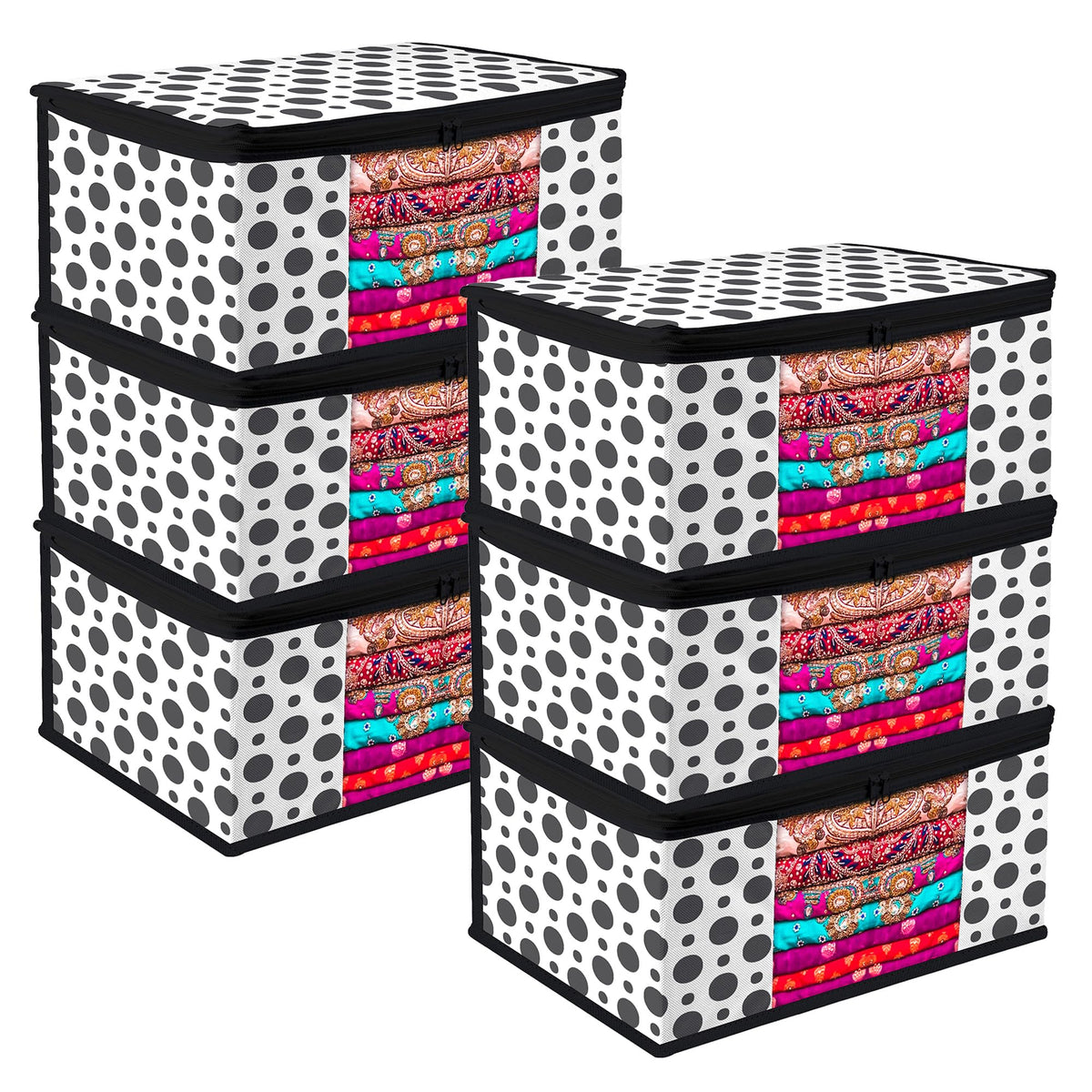 Heart Home Saree Cover | Zip Closure Saree Cover | Clothes Storage Bag | Wardrobe Organiser | Transparent Window Saree Cover | Dot-Design | 9 inch | Pack of 6 | Black