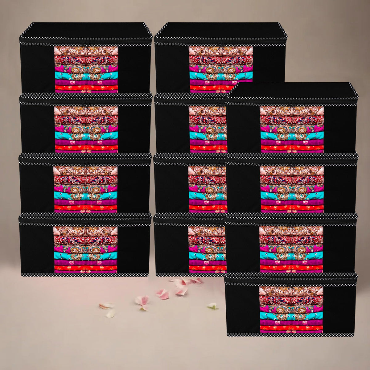 Heart Home Saree Cover | Zip Closure Saree Cover | Clothes Storage Bag | Wardrobe Organiser for Suit | Transparent Window Saree Cover | Dot Border-Design | 9 inch | Pack of 12 | Black