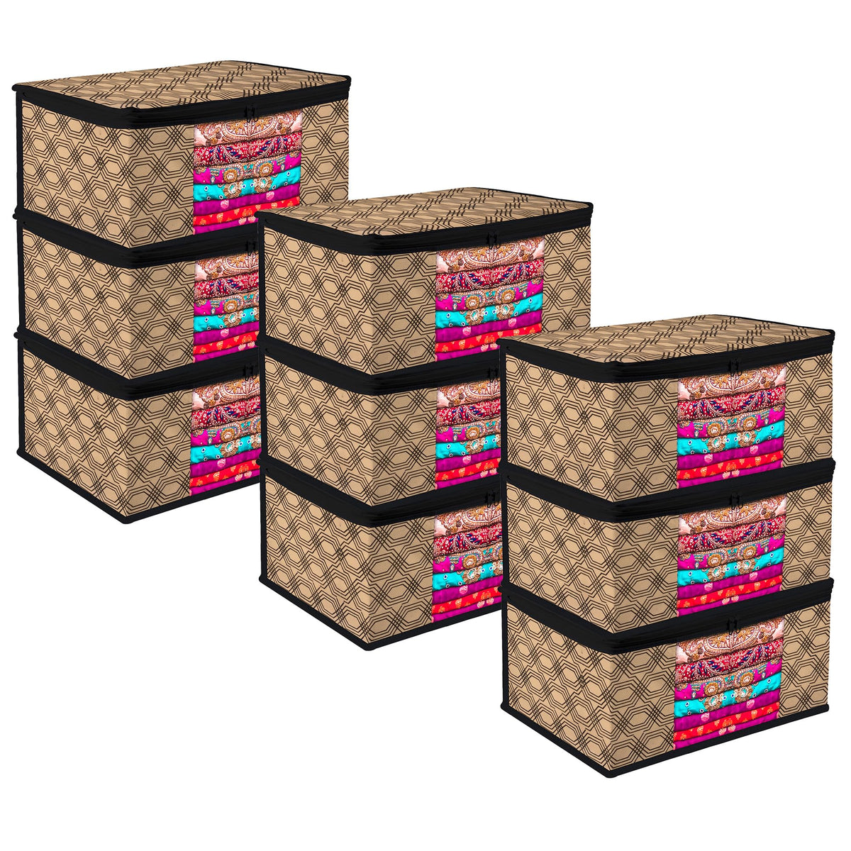 Heart Home Saree Cover | Zip Closure Saree Cover | Clothes Storage Bag | Wardrobe Organiser | Transparent Window Saree Cover | Honeycomb-Design | 9 inch | Pack of 9 | Coffee