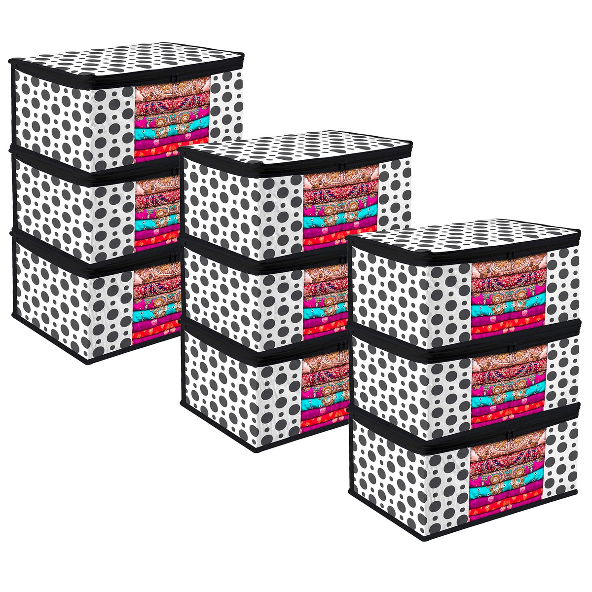 Heart Home Saree Cover | Zip Closure Saree Cover | Clothes Storage Bag | Wardrobe Organiser | Transparent Window Saree Cover | Dot-Design | 9 inch | Pack of 9 | Black