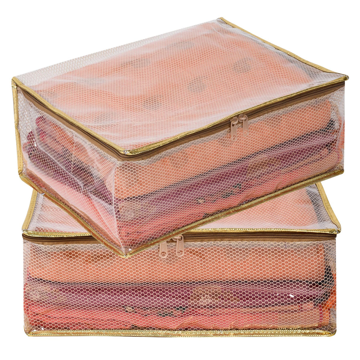 Heart Home Saree Cover | Golden Lace PVC Laminated Net Saree Cover | Wardrobe Saree Organizer | Garment Storage Bag | Clothes Storage Bag | Pack of 2 | Transparent