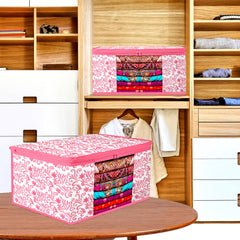 Heart Home Saree Cover | Zip Closure Saree Cover | Clothes Storage Bag | Wardrobe Organiser | Transparent Window Saree Cover | Leaf-Design | 9 inch | Pack of 9 | Pink