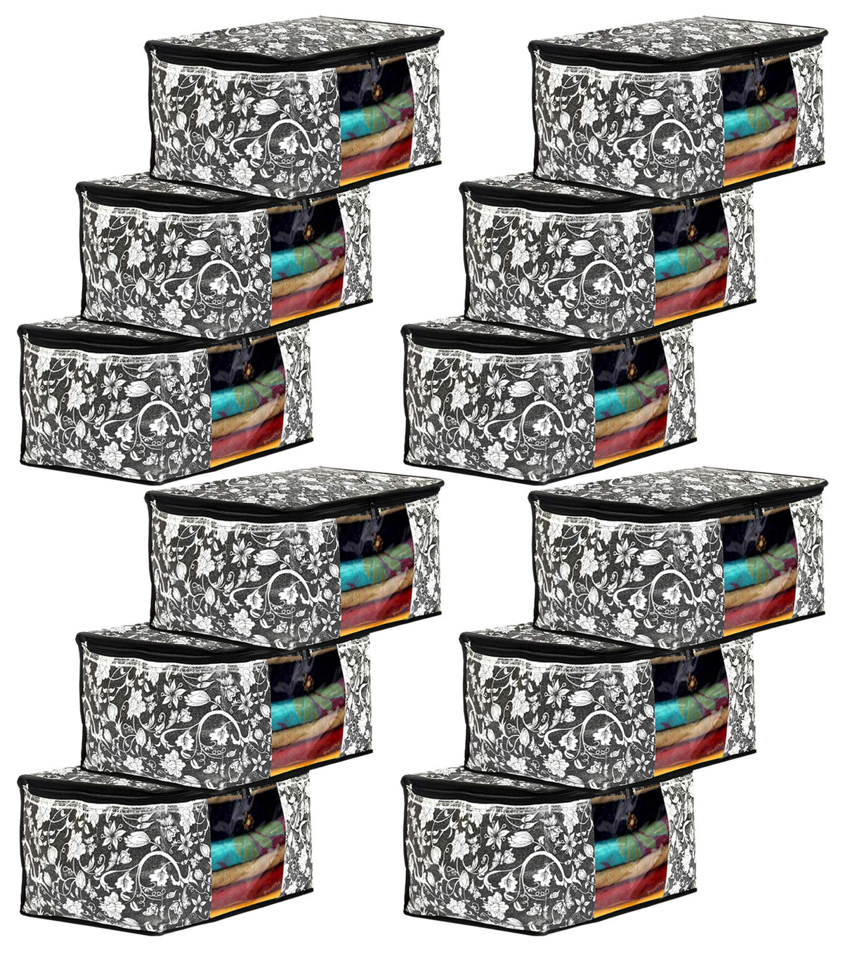 Kuber Industries Metalic Flower Print 12 Piece Non Woven Fabric Saree Cover/Clothes Organiser For Wardrobe Set with Transparent Window, Extra Large (Black)-KUBMART16527