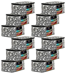 Kuber Industries Metalic Flower Print 12 Piece Non Woven Fabric Saree Cover/Clothes Organiser For Wardrobe Set with Transparent Window, Extra Large (Black)-KUBMART16527