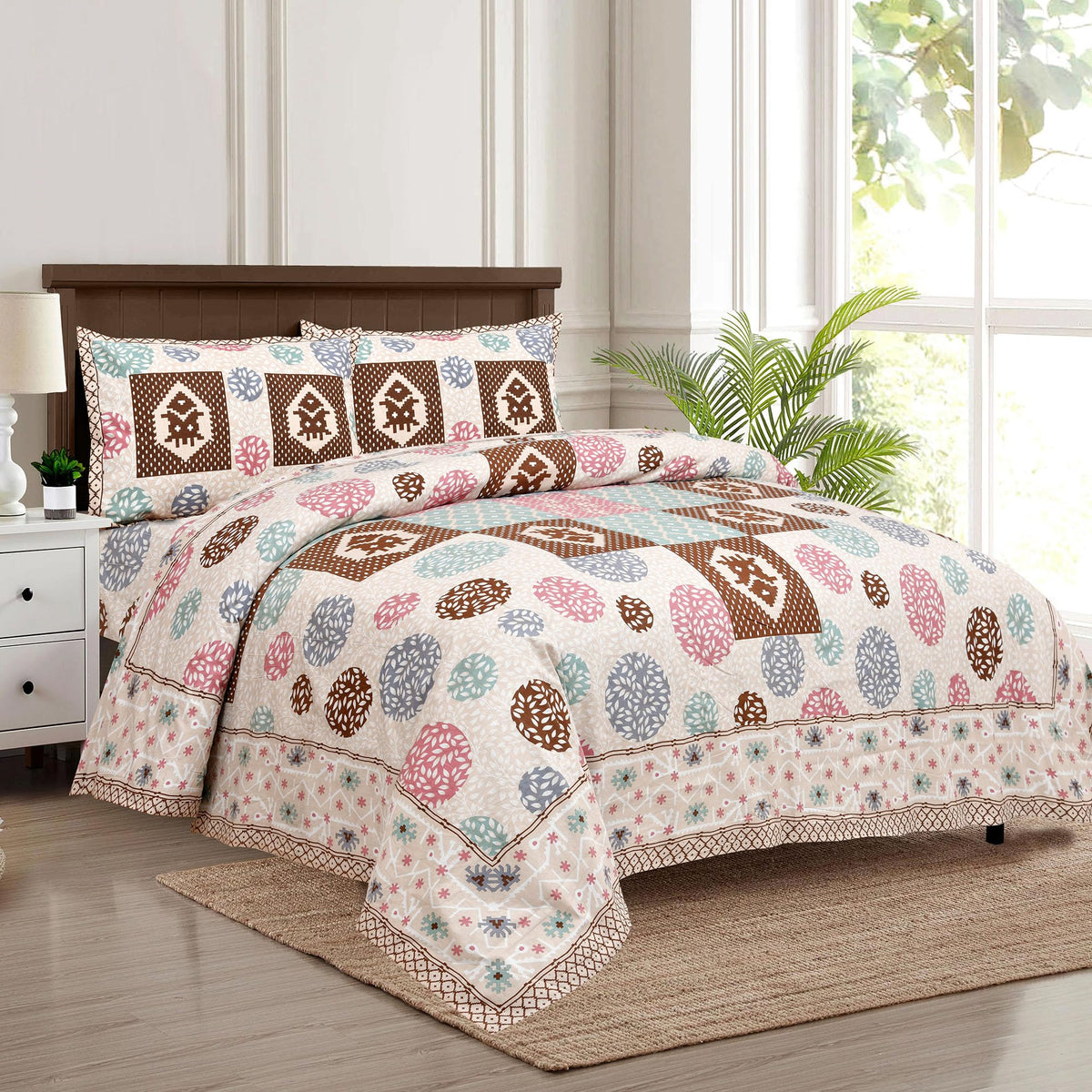 Heart Home Double Bedsheet with 2 Pillow Covers | 186 TC Premium Cotton Bedsheet for Double Bed | Bedsheet for Living Room-Home & Hotels | Arabic Beauty Gola | 100x108 Inch | Cream