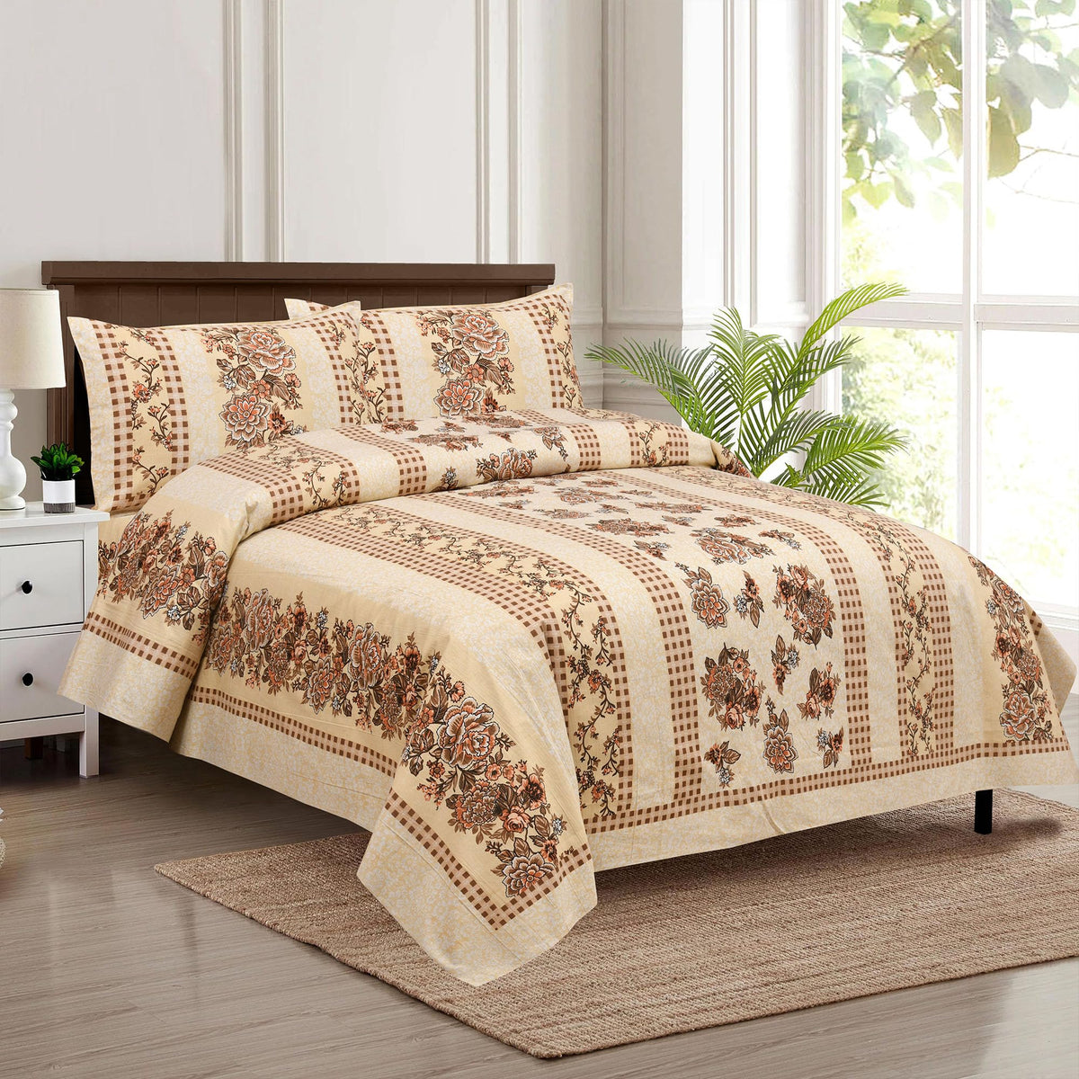 Heart Home Double Bedsheet with 2 Pillow Covers | 160 TC Premium Cotton Bedsheet for Double Bed | Bedsheet for Living Room-Home & Hotels | Spain Flower Lining | 100x108 Inch | Cream