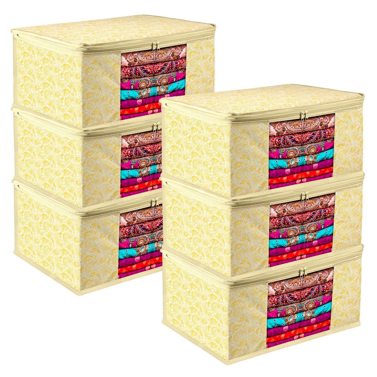 Heart Home Saree Cover | Zip Closure Saree Cover | Clothes Storage Bag | Wardrobe Organiser | Transparent Window Saree Cover | Carry-Design | 9 inch | Pack of 6 | Yellow