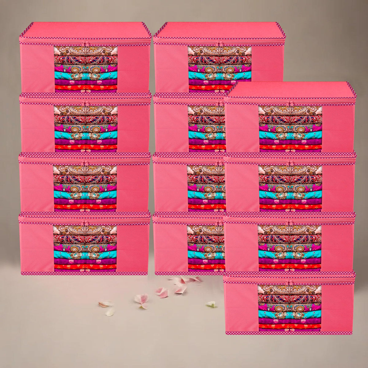 Heart Home Saree Cover | Zip Closure Saree Cover | Clothes Storage Bag | Wardrobe Organiser for Suit | Transparent Window Saree Cover | Dot Border-Design | 9 inch | Pack of 12 | Pink