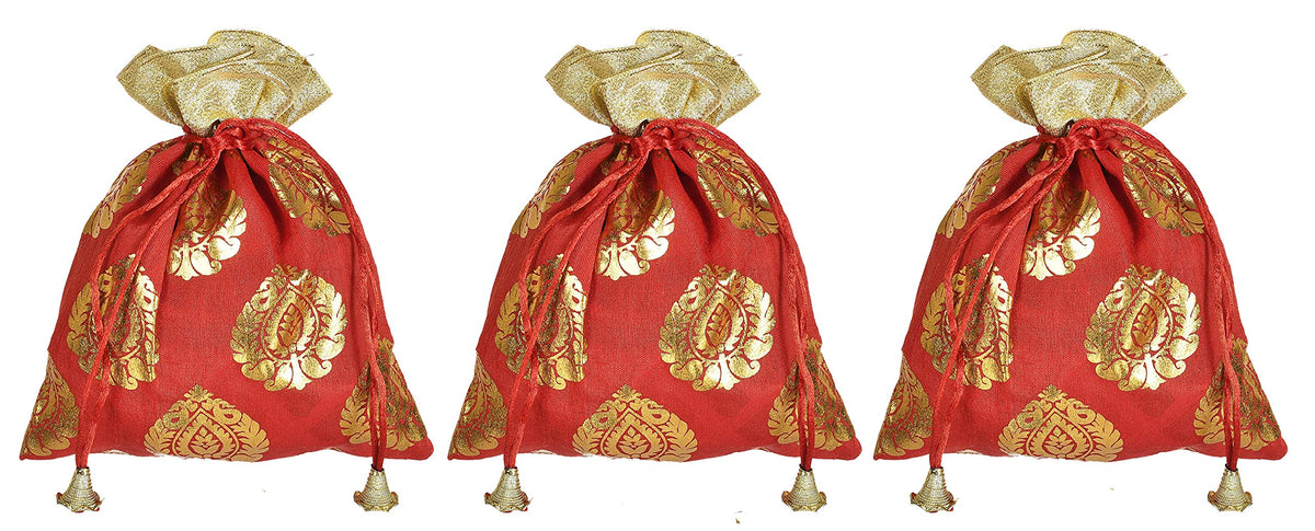 Kuber Industries Leaf Design Potli Bags Handbags for Women Gifting Wristlets for Wedding, Festival, Kitty Subh Shagun-Pack of 3 (Red)