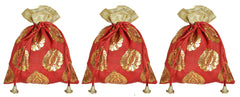 Kuber Industries Leaf Design Potli Bags Handbags for Women Gifting Wristlets for Wedding, Festival, Kitty Subh Shagun-Pack of 3 (Red)