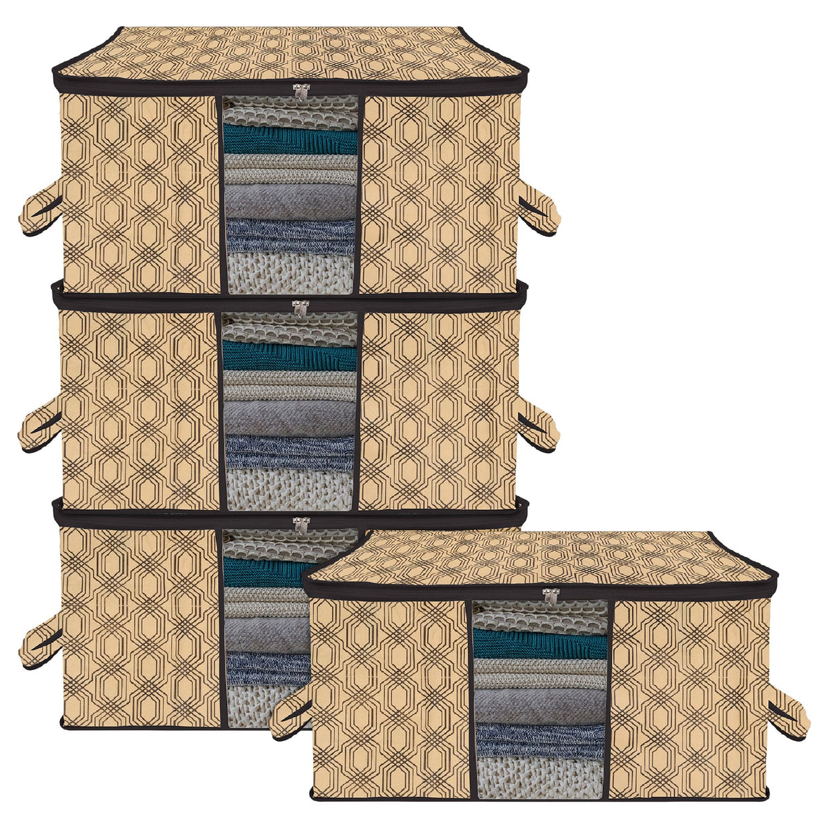 Heart Home Underbed Storage Bag | Clothes Storage Organizer | Blanket Cover with Clear Window | Zipper Closure & Handle Cloth Organizer | Check-Design | Large | Pack of 4 | Coffee