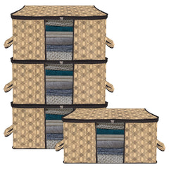 Heart Home Underbed Storage Bag | Clothes Storage Organizer | Blanket Cover with Clear Window | Zipper Closure & Handle Cloth Organizer | Check-Design | Large | Pack of 4 | Coffee