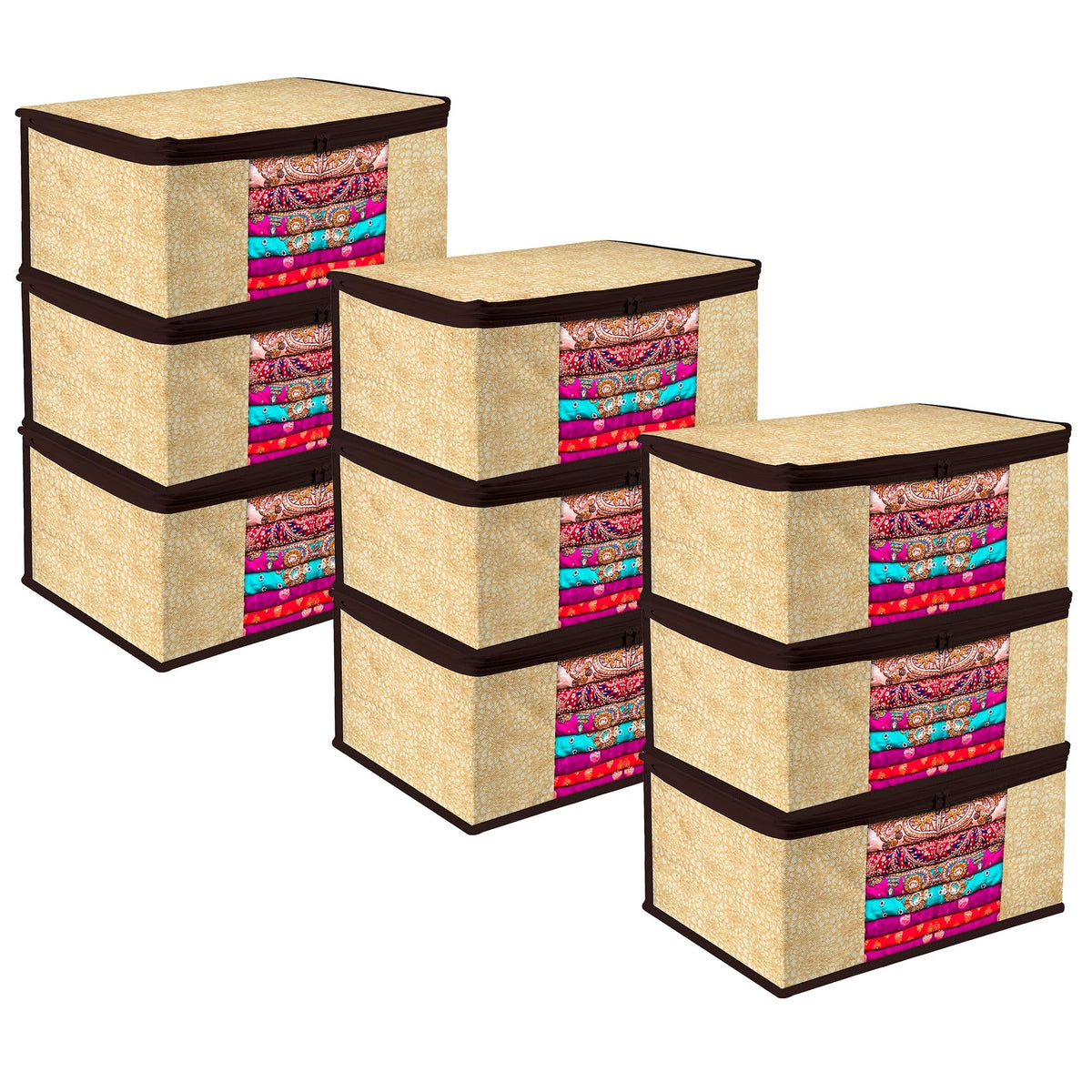 Heart Home Saree Cover | Zip Closure Saree Cover | Clothes Storage Bag | Wardrobe Organiser | Transparent Window Saree Cover | Flower-Design | 9 inch | Pack of 9 | Coffee