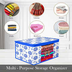 Heart Home Saree Cover | Zip Closure Saree Cover | Clothes Storage Bag | Wardrobe Organiser | Transparent Window Saree Cover | Flower-Design | 9 inch | Pack of 6 | Blue