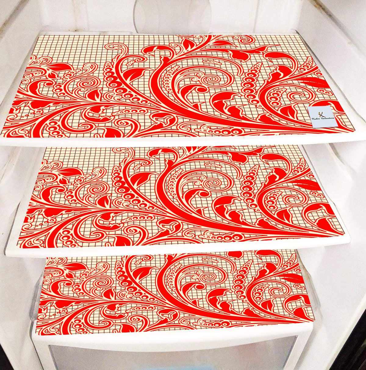 Kuber Industries Leaf Design 3 Pieces PVC Refrigerator/Fridge Multipurpose Drawer Mat Set (Red) CTKTC33615