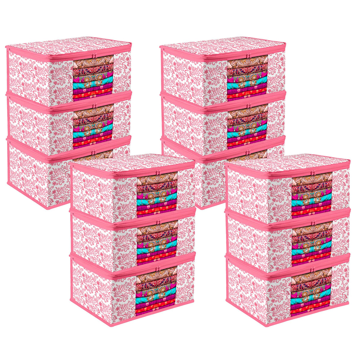 Heart Home Saree Cover | Zip Closure Saree Cover | Clothes Storage Bag | Wardrobe Organiser | Transparent Window Saree Cover | Leaf-Design | 9 inch | Pack of 12 | Pink