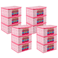 Heart Home Saree Cover | Zip Closure Saree Cover | Clothes Storage Bag | Wardrobe Organiser | Transparent Window Saree Cover | Leaf-Design | 9 inch | Pack of 12 | Pink