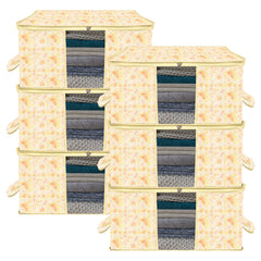 Heart Home Underbed Storage Bag | Clothes Storage Organizer | Blanket Cover with Clear Window | Zipper Closure & Handle Cloth Organizer | Red Flower-Design | Large | Pack of 6 | Ivory