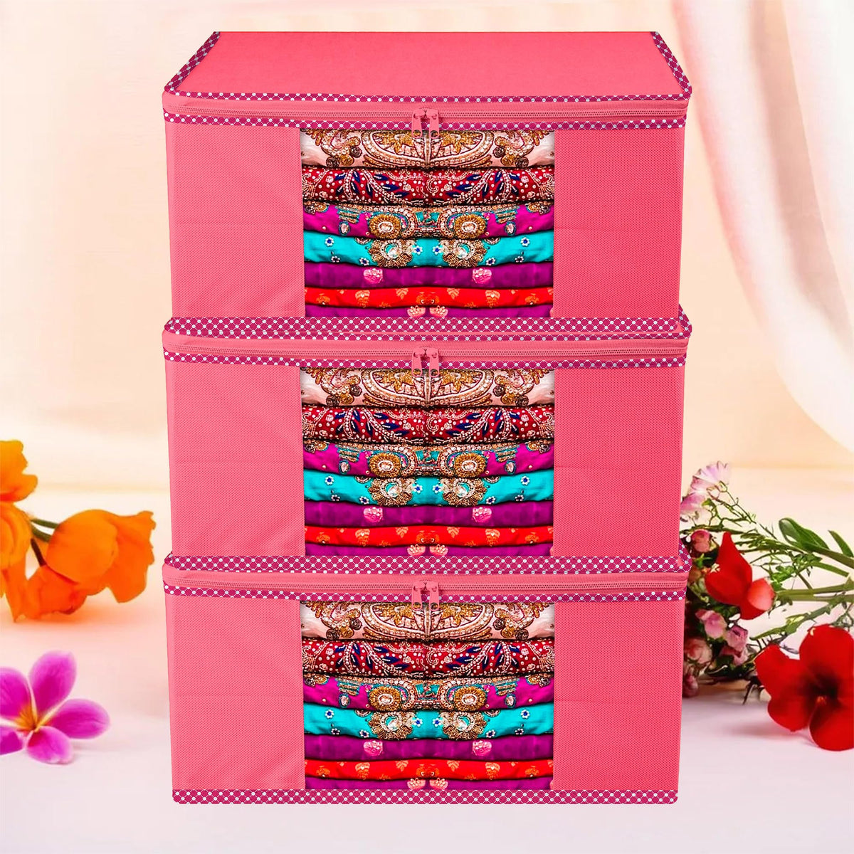 Heart Home Saree Cover | Clothes Storage Bag | Storage Organizer Bag | Zip Closure Saree Cover | Wardrobe Organizer | Bow-Design | 6 Inch | Pack of 9 | Pink