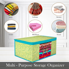 Heart Home Saree Cover | Zip Closure Saree Cover | Clothes Storage Bag | Wardrobe Organiser | Transparent Window Saree Cover | Leaf-Design | 9 inch | Pack of 6 | Green