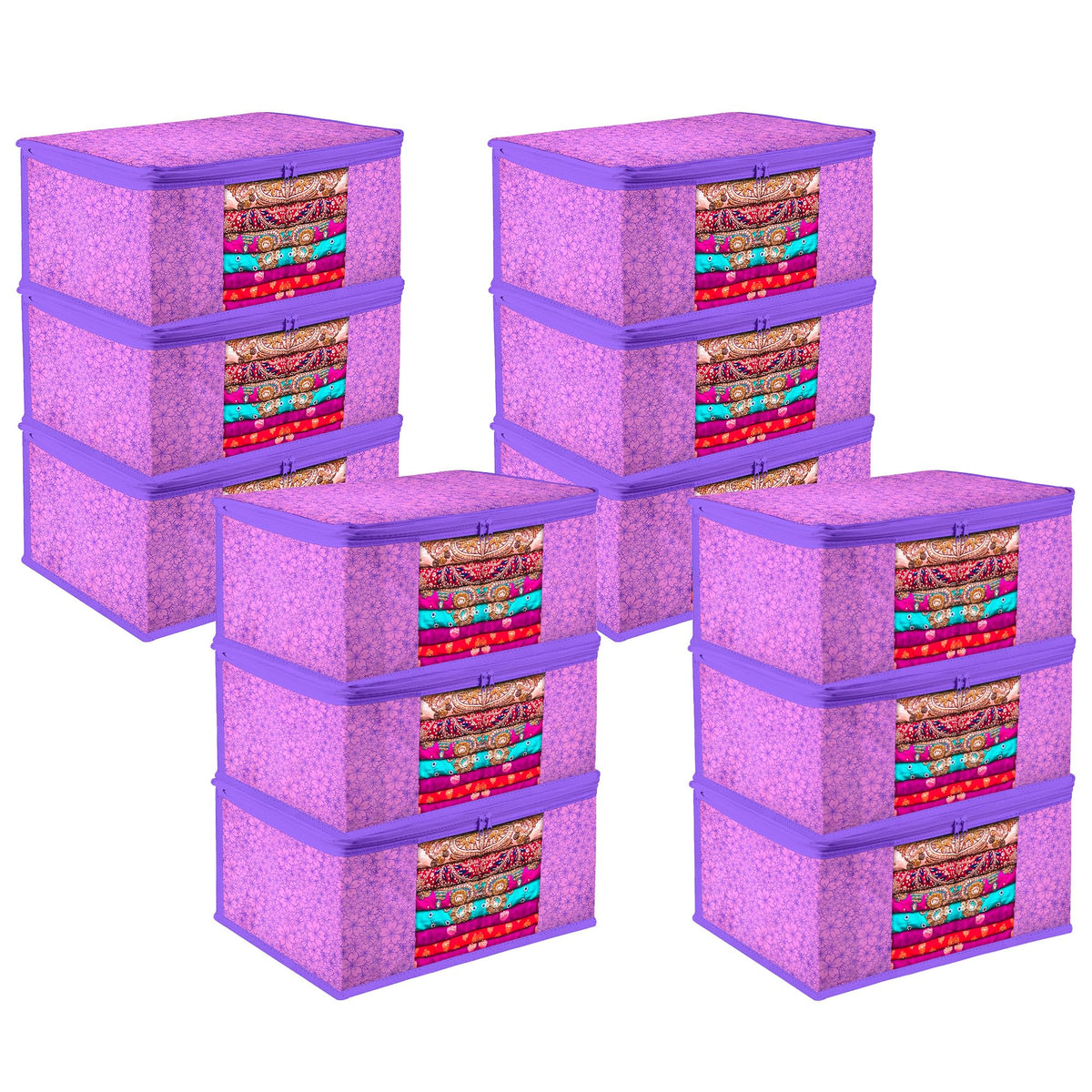 Heart Home Saree Cover | Zip Closure Saree Cover | Clothes Storage Bag | Wardrobe Organiser | Transparent Window Saree Cover | Flower-Design | 9 inch | Pack of 12 | Purple