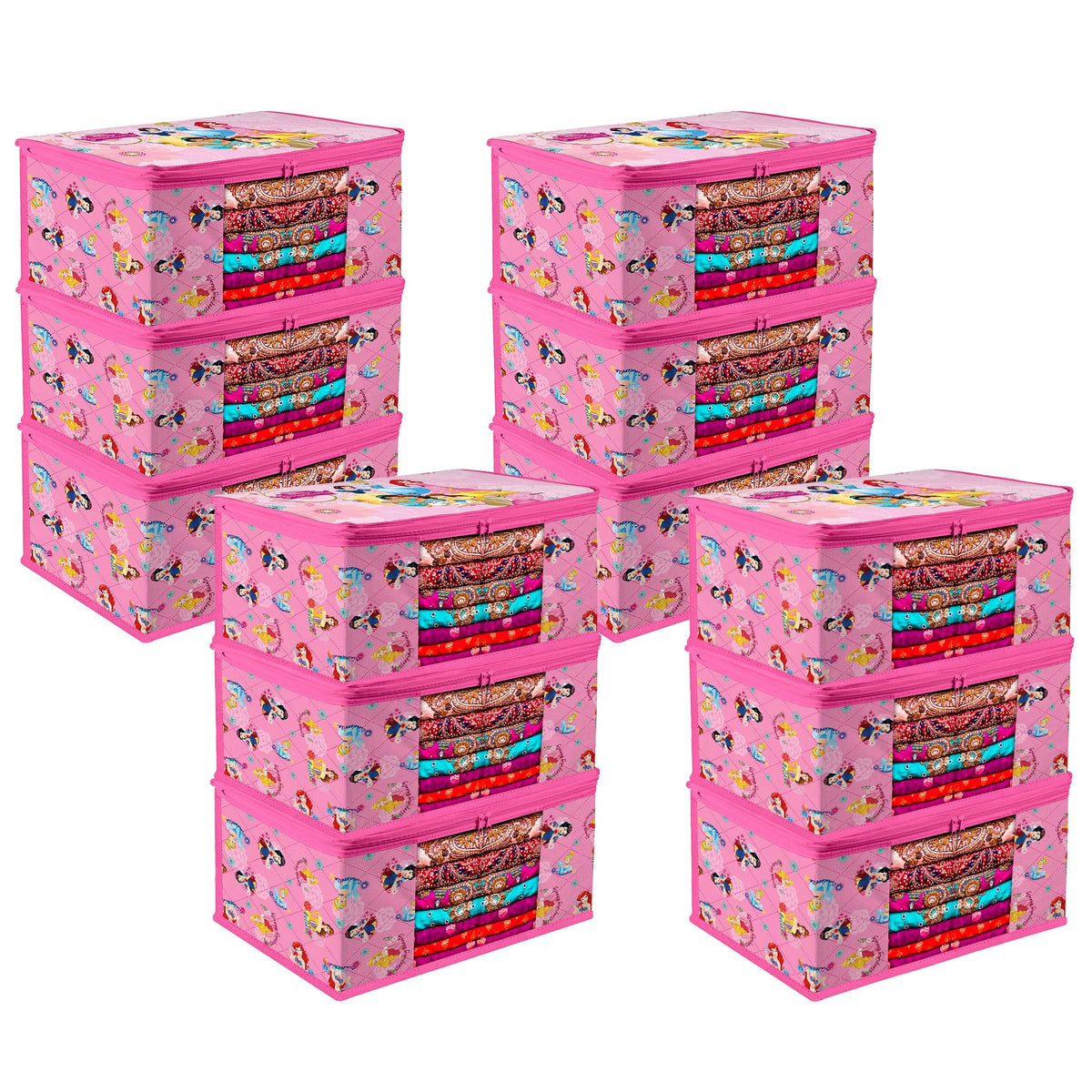 Heart Home Saree Cover | Zip Closure Saree Cover | Clothes Storage Bag | Wardrobe Organiser | Transparent Window Saree Cover | Disney Princess-Print | 9 inch | Pack of 12 | Pink