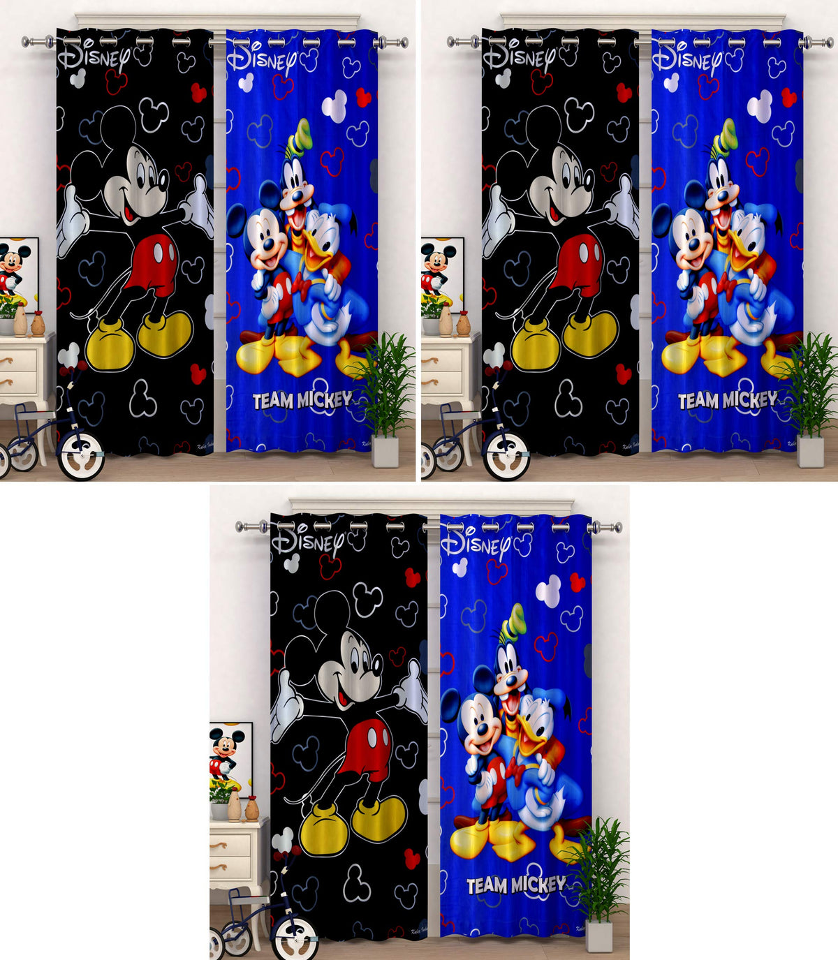 Kuber Industries Disney Team Mickey Print 6 Pieces Polyester Special Blackout Long Crush Eyelet Door Curtain 7 Feet (Black & Royal Blue)-KUBMART97