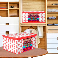 Heart Home Saree Cover | Zip Closure Saree Cover | Clothes Storage Bag | Wardrobe Organiser | Transparent Window Saree Cover | Dot-Design | 9 inch | Pack of 9 | Red