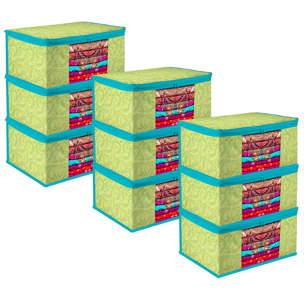 Heart Home Saree Cover | Zip Closure Saree Cover | Clothes Storage Bag | Wardrobe Organiser | Transparent Window Saree Cover | Leaf-Design | 9 inch | Pack of 9 | Green