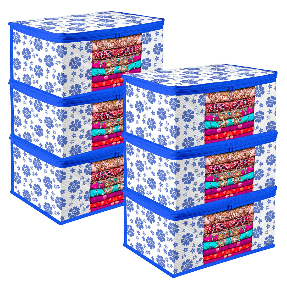 Heart Home Saree Cover | Zip Closure Saree Cover | Clothes Storage Bag | Wardrobe Organiser | Transparent Window Saree Cover | Flower-Design | 9 inch | Pack of 6 | Blue