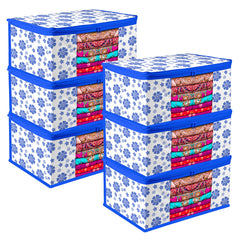 Heart Home Saree Cover | Zip Closure Saree Cover | Clothes Storage Bag | Wardrobe Organiser | Transparent Window Saree Cover | Flower-Design | 9 inch | Pack of 6 | Blue