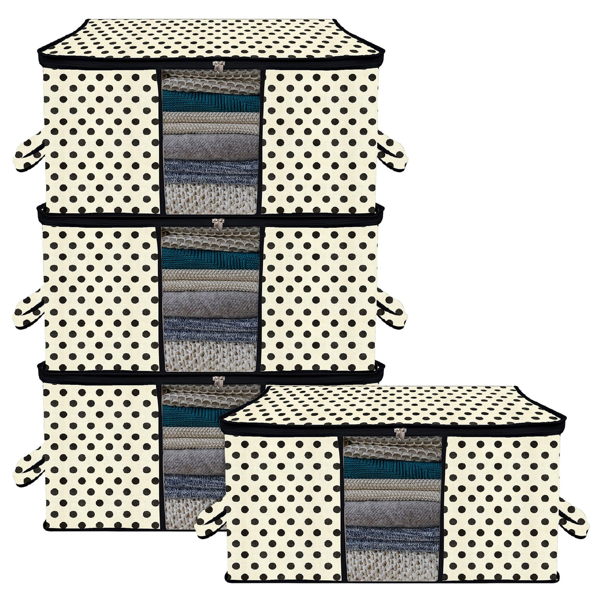 Heart Home Underbed Storage Bag | Clothes Storage Organizer | Blanket Cover with Clear Window | Zipper Closure & Handle Cloth Organizer | Dot-Design | Large | Pack of 4 | Cream