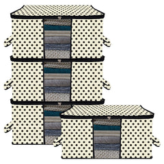 Heart Home Underbed Storage Bag | Clothes Storage Organizer | Blanket Cover with Clear Window | Zipper Closure & Handle Cloth Organizer | Dot-Design | Large | Pack of 4 | Cream