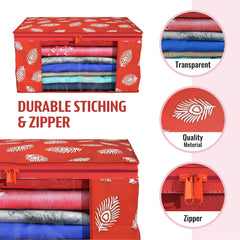 Heart Home Saree Cover | Clothes Storage Bag | Storage Organizer Bag | Zip Closure Saree Cover | Wardrobe Organizer | Peacock Feather-Design | 6 Inch | Pack of 2 | Red