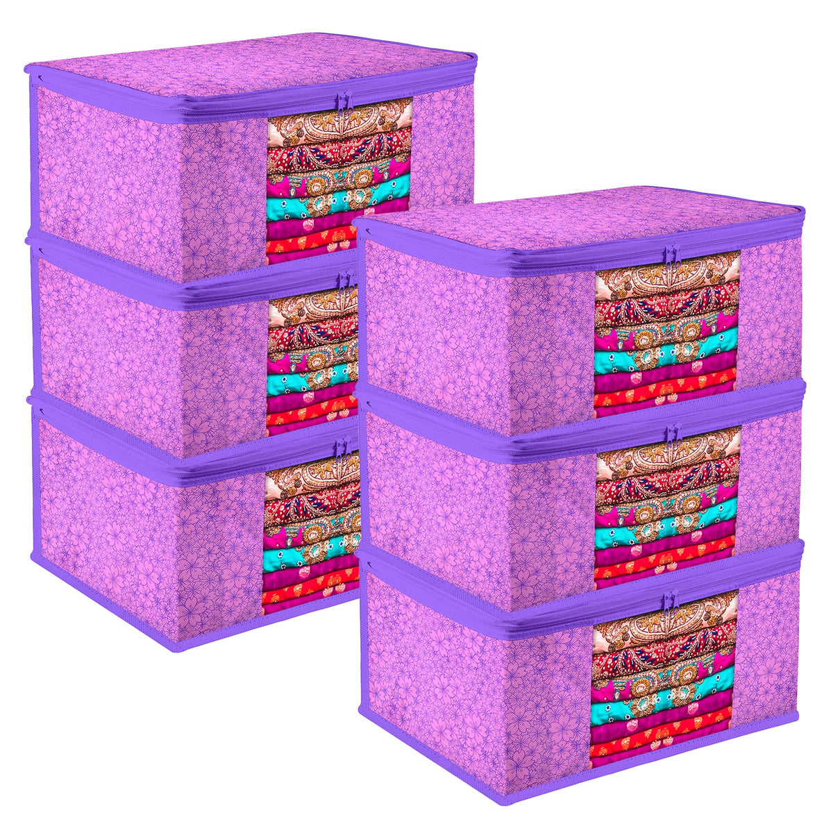 Heart Home Saree Cover | Zip Closure Saree Cover | Clothes Storage Bag | Wardrobe Organiser | Transparent Window Saree Cover | Flower-Design | 9 inch | Pack of 6 | Purple