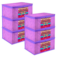 Heart Home Saree Cover | Zip Closure Saree Cover | Clothes Storage Bag | Wardrobe Organiser | Transparent Window Saree Cover | Flower-Design | 9 inch | Pack of 6 | Purple