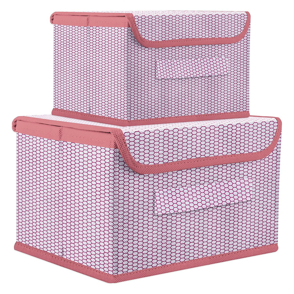 Heart Home Drawer Storage Box | Zig Zag Dhakkan Storage Box | Non-Woven Clothes Organizer | Storage Box with Handle | M | L | Pack of 2 | Pink