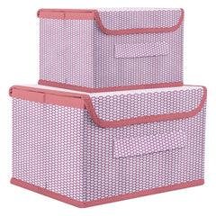 Heart Home Drawer Storage Box | Zig Zag Dhakkan Storage Box | Non-Woven Clothes Organizer | Storage Box with Handle | M | L | Pack of 2 | Pink