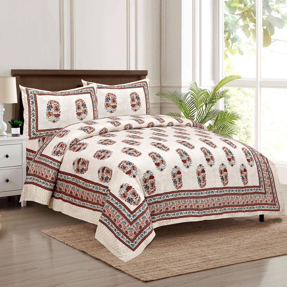 Heart Home Double Bedsheet with 2 Pillow Covers | 160 TC Premium Cotton Bedsheet for Double Bed | Bedsheet for Living Room-Home & Hotels | Dezier Flower Boota | 90x108 Inch | Cream