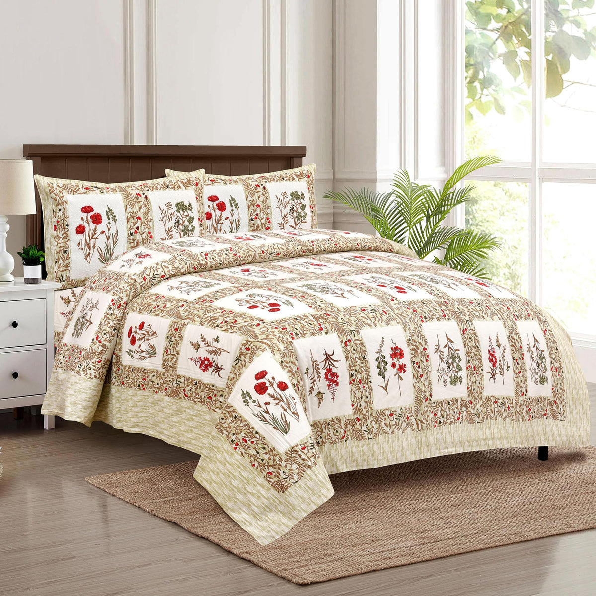 Heart Home Double Bedsheet with 2 Pillow Covers | 160 TC Premium Cotton Bedsheet for Double Bed | Bedsheet for Living Room-Home & Hotels | Dezier Check Flower | 90x108 Inch | Parrot Green