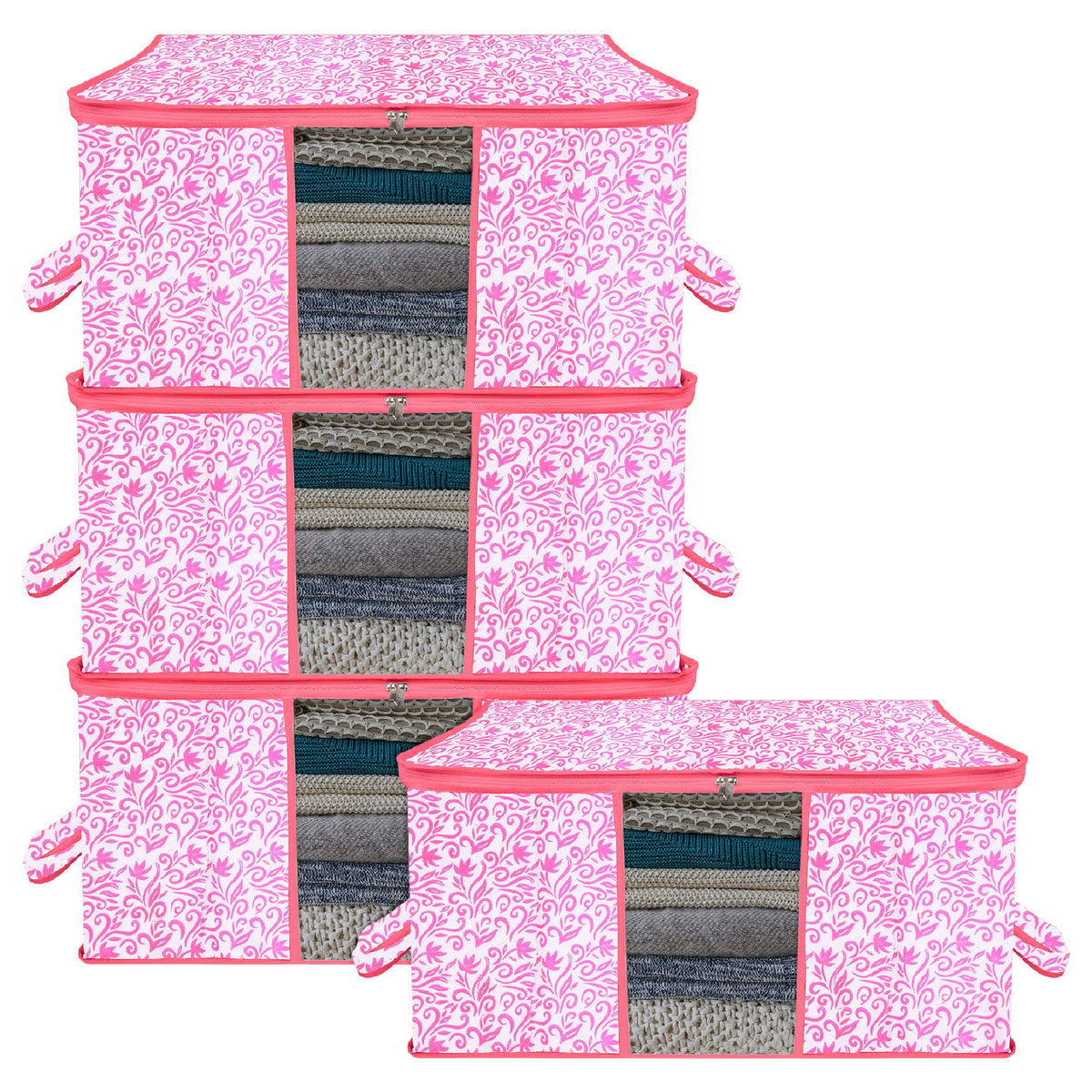 Heart Home Underbed Storage Bag | Clothes Storage Organizer | Blanket Cover with Clear Window | Zipper Closure & Handle Cloth Organizer | Leaf-Design | Large | Pack of 4 | Pink