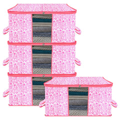 Heart Home Underbed Storage Bag | Clothes Storage Organizer | Blanket Cover with Clear Window | Zipper Closure & Handle Cloth Organizer | Leaf-Design | Large | Pack of 4 | Pink