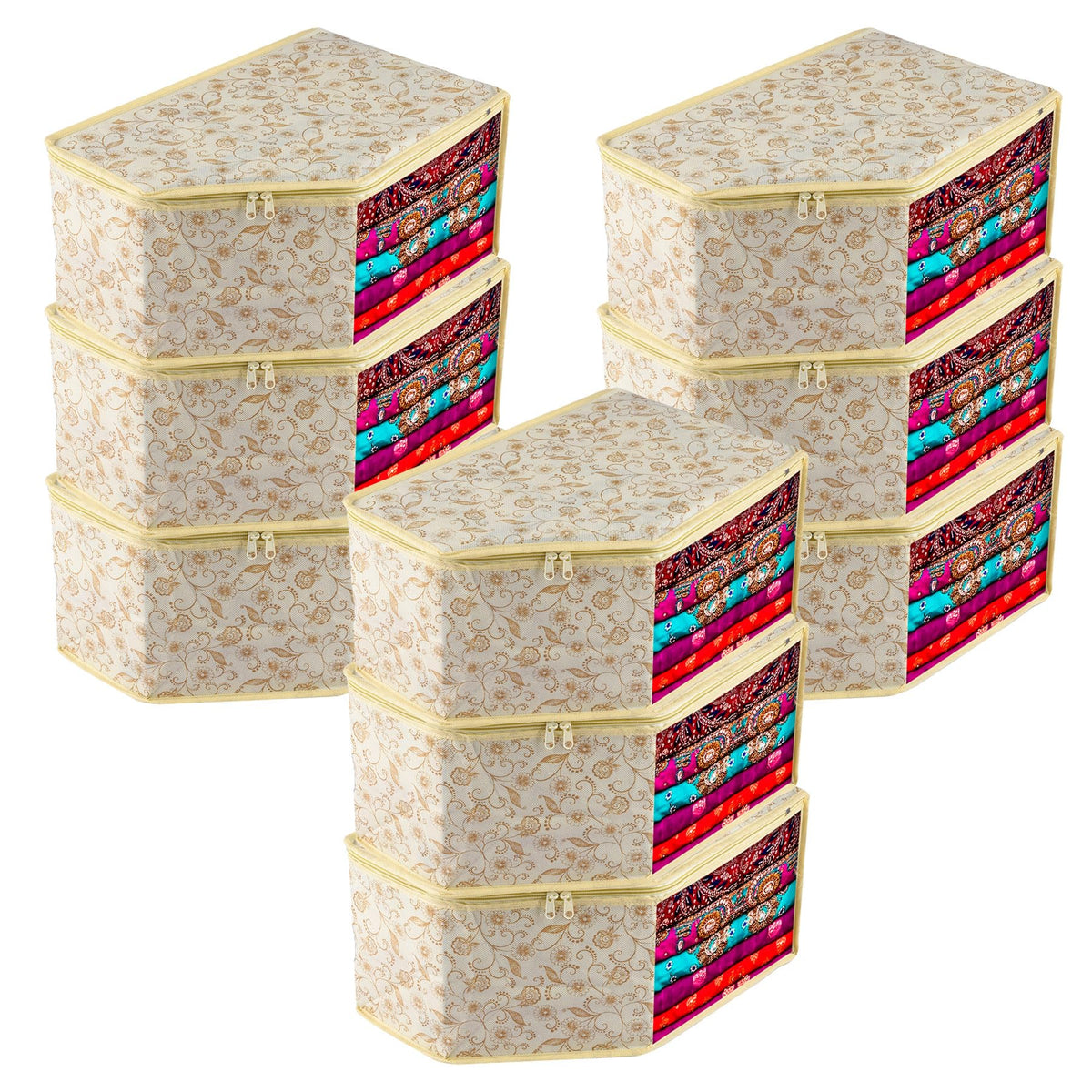 Kuber Industries Blouse Cover | Clothes Storage Bag | Zipper Wardrobe Organizers | Non-Woven Clothes Organiser | Side Transparent Blouse Organizer | Leaf-Design | Pack of 9 | Cream