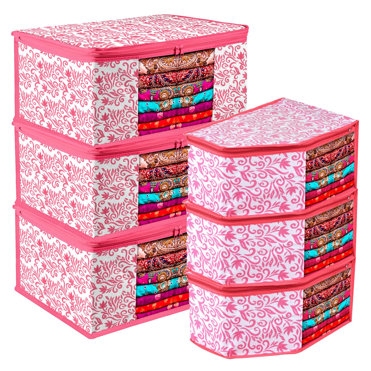 Heart Home Saree Cover & Blouse Cover Set | Saree & Blouse Organizer Combo Set | 3 Pieces Blouse & 3 Pieces Saree Cover Set | Zipper Closure | Leaf-Design | Set of 6 | Pink