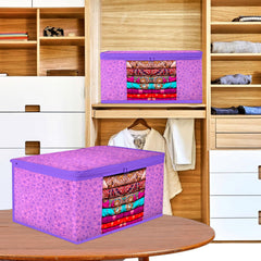 Heart Home Saree Cover | Zip Closure Saree Cover | Clothes Storage Bag | Wardrobe Organiser | Transparent Window Saree Cover | Flower-Design | 9 inch | Pack of 12 | Purple