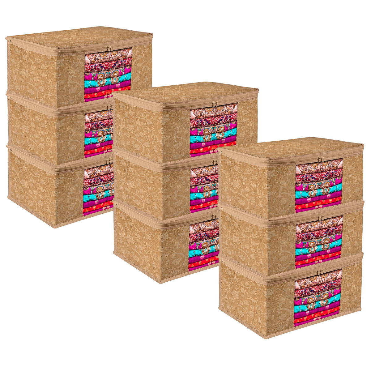 Heart Home Saree Cover | Zip Closure Saree Cover | Clothes Storage Bag | Wardrobe Organiser | Transparent Window Saree Cover | New Flower-Design | 9 inch | Pack of 9 | Brown